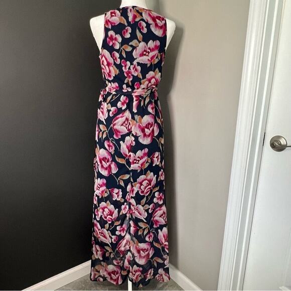 Band Of Gypsies Navy Blue and Pink Floral Maxi Wrap Dress- Size Small - Picture 2 of 14